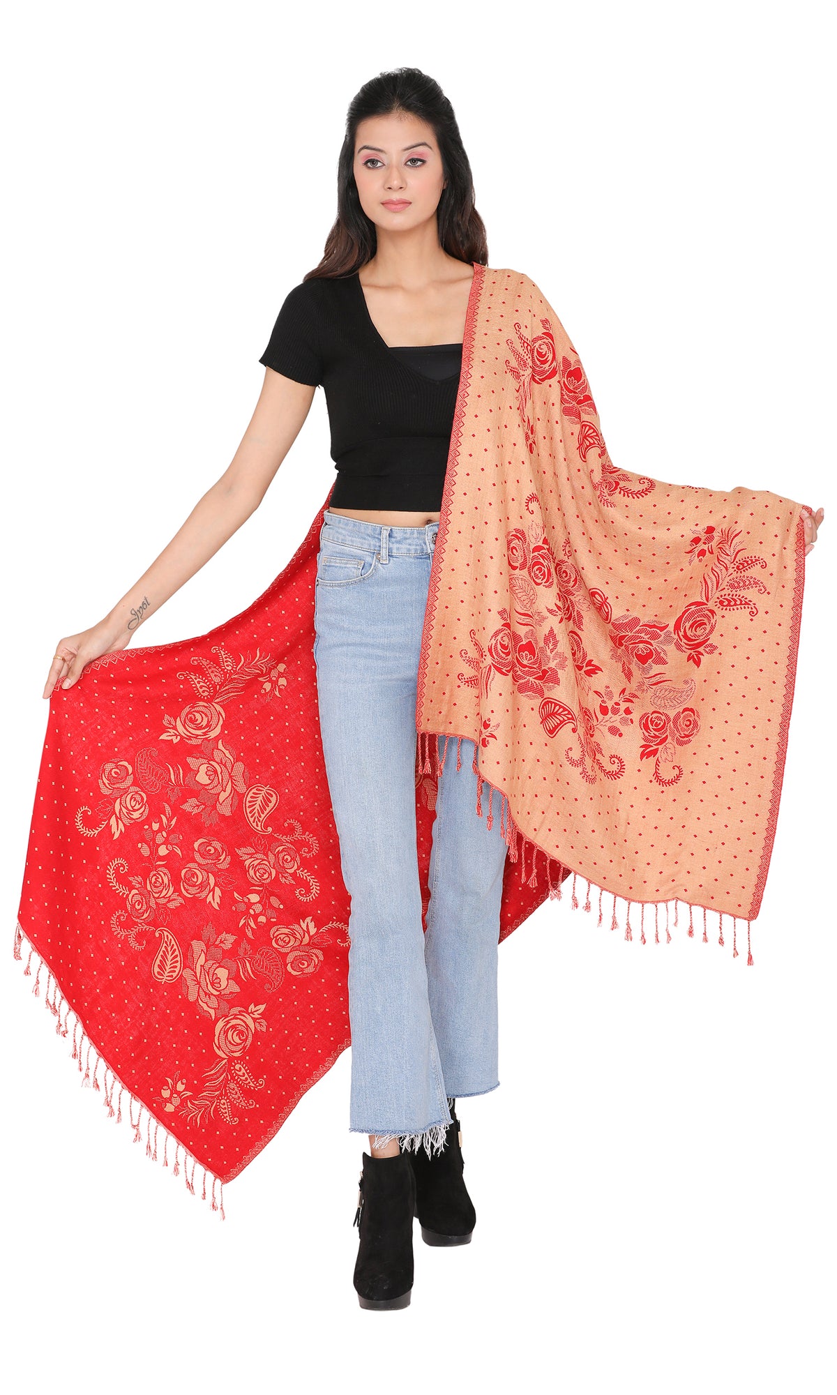 Paisley Designer Woolen Reversible Red Stole For Women