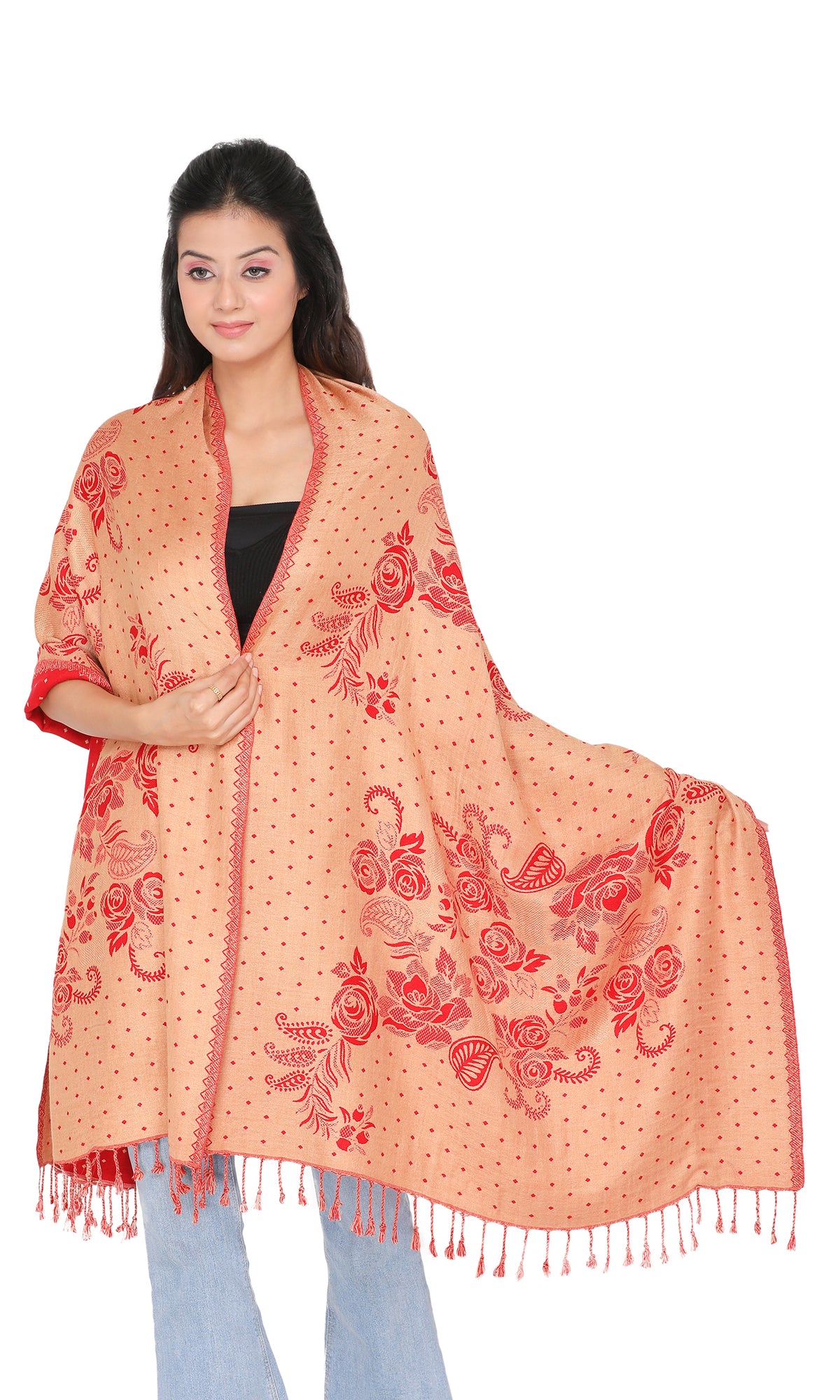 Paisley Designer Woolen Reversible Red Stole For Women