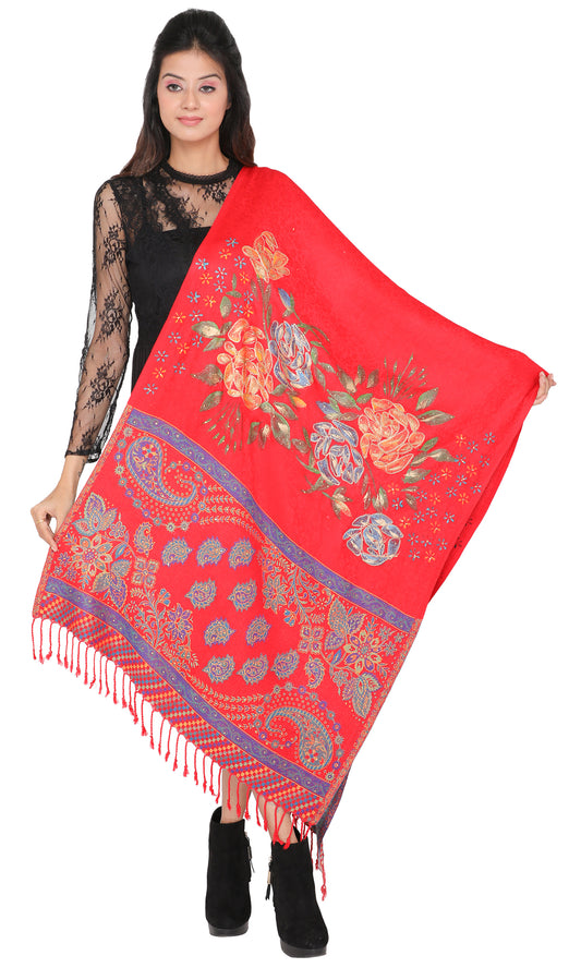 KRITI Floral Border Design Woolen Red Color Stole For Girl