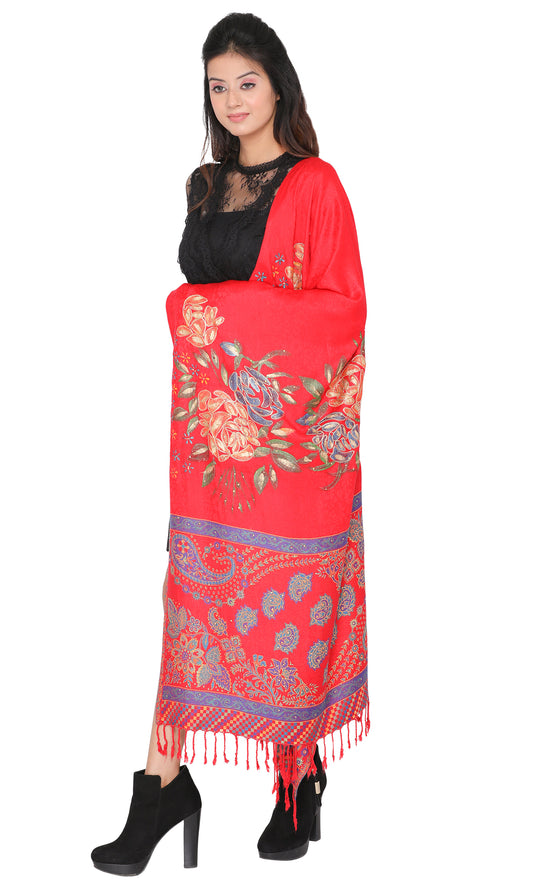 KRITI Floral Border Design Woolen Red Color Stole For Girl