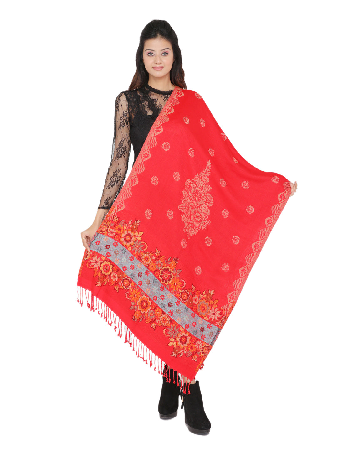 KRITI Floral Border Design Woolen Red Color Stole For Girl