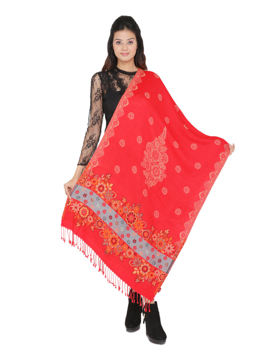 KRITI Floral Border Design Woolen Red Color Stole For Girl