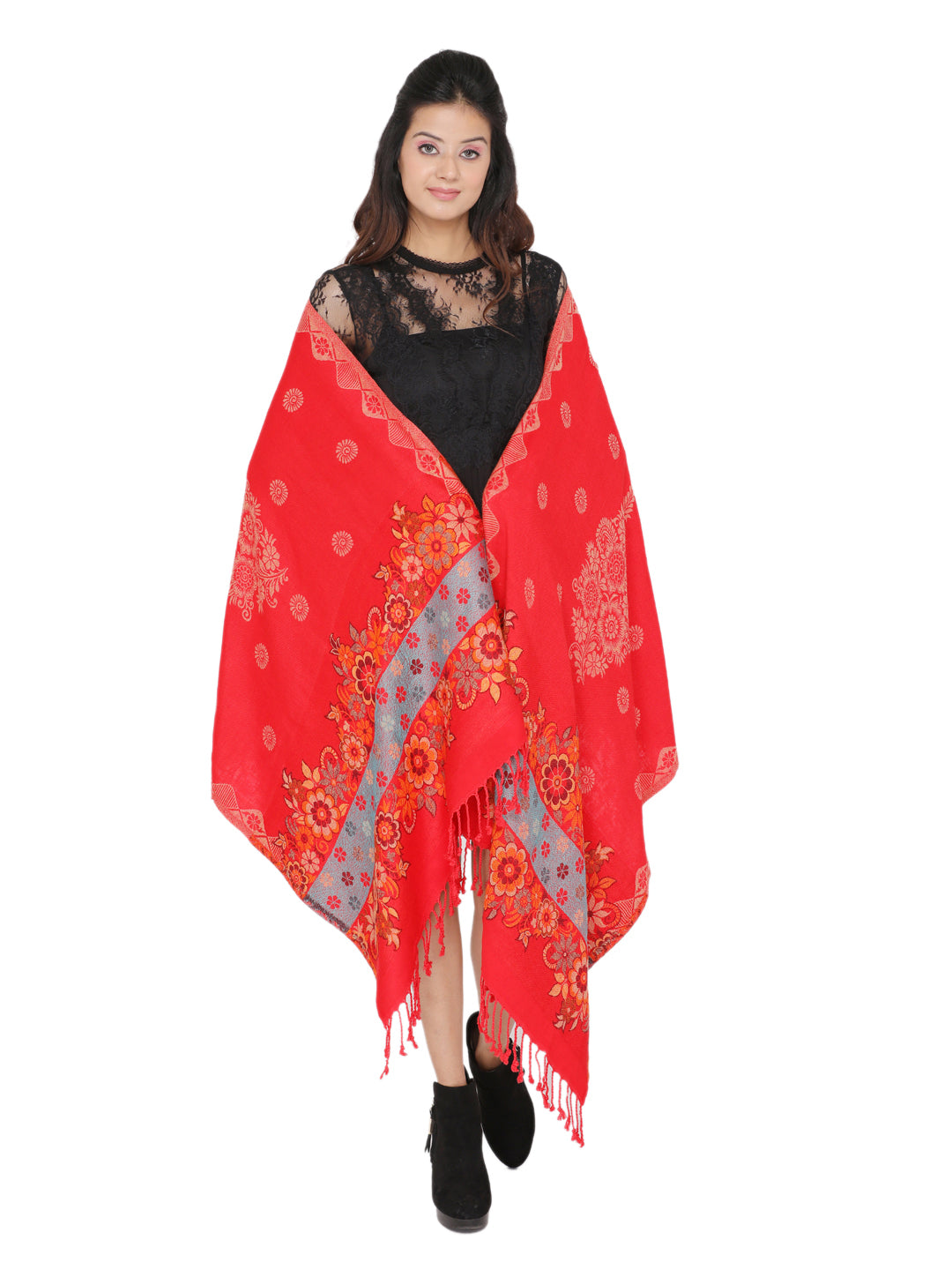 KRITI Floral Border Design Woolen Red Color Stole For Girl