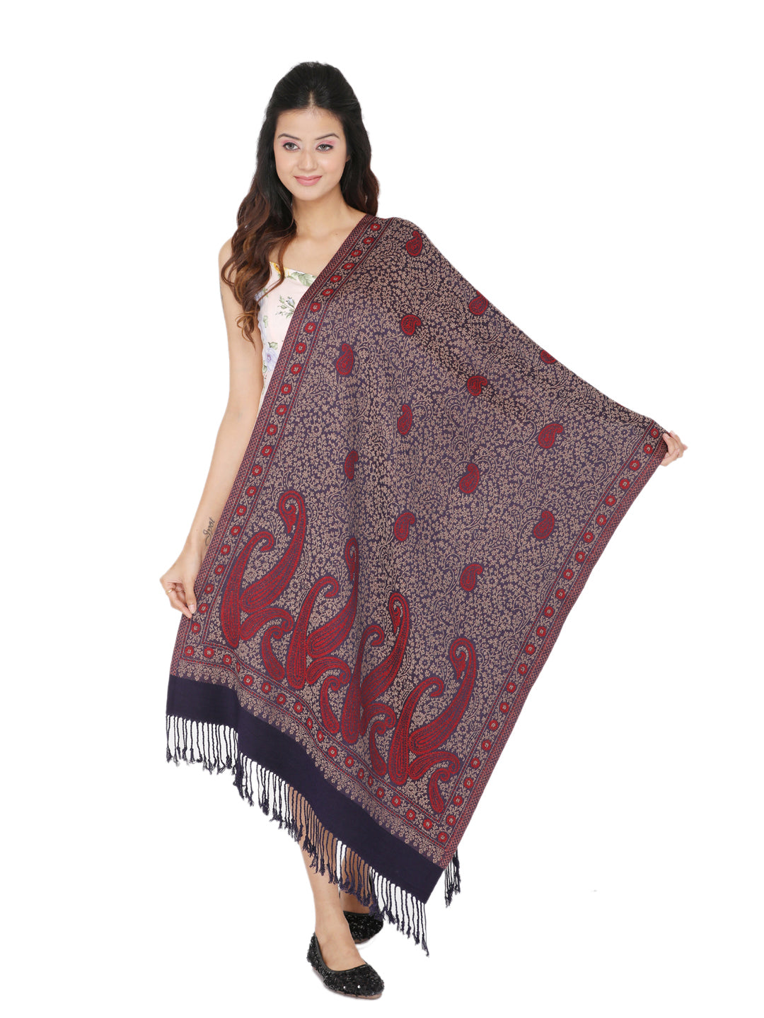Paisley Design Woollen Stole - Navy Red