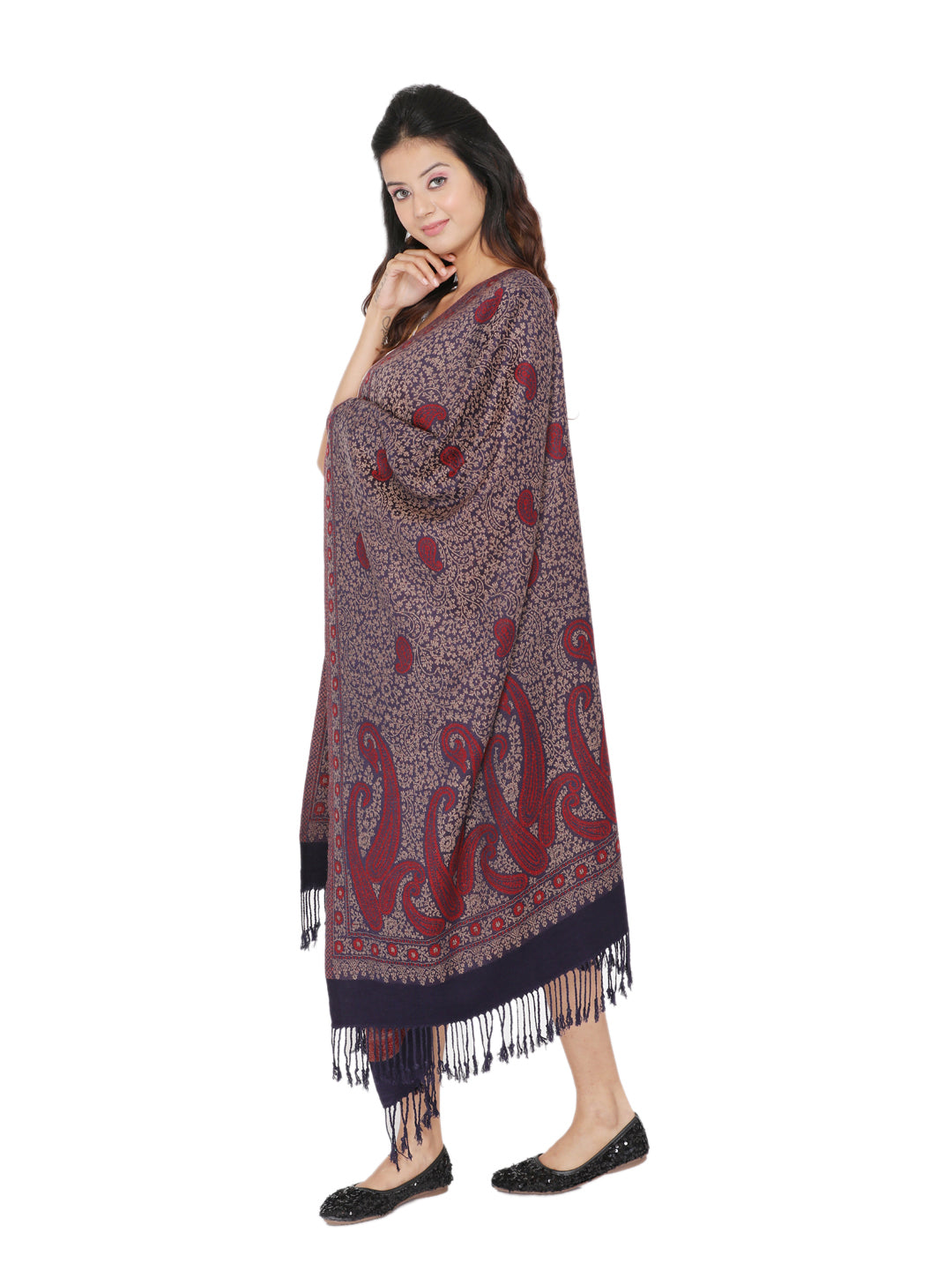 Paisley Design Woollen Stole - Navy Red