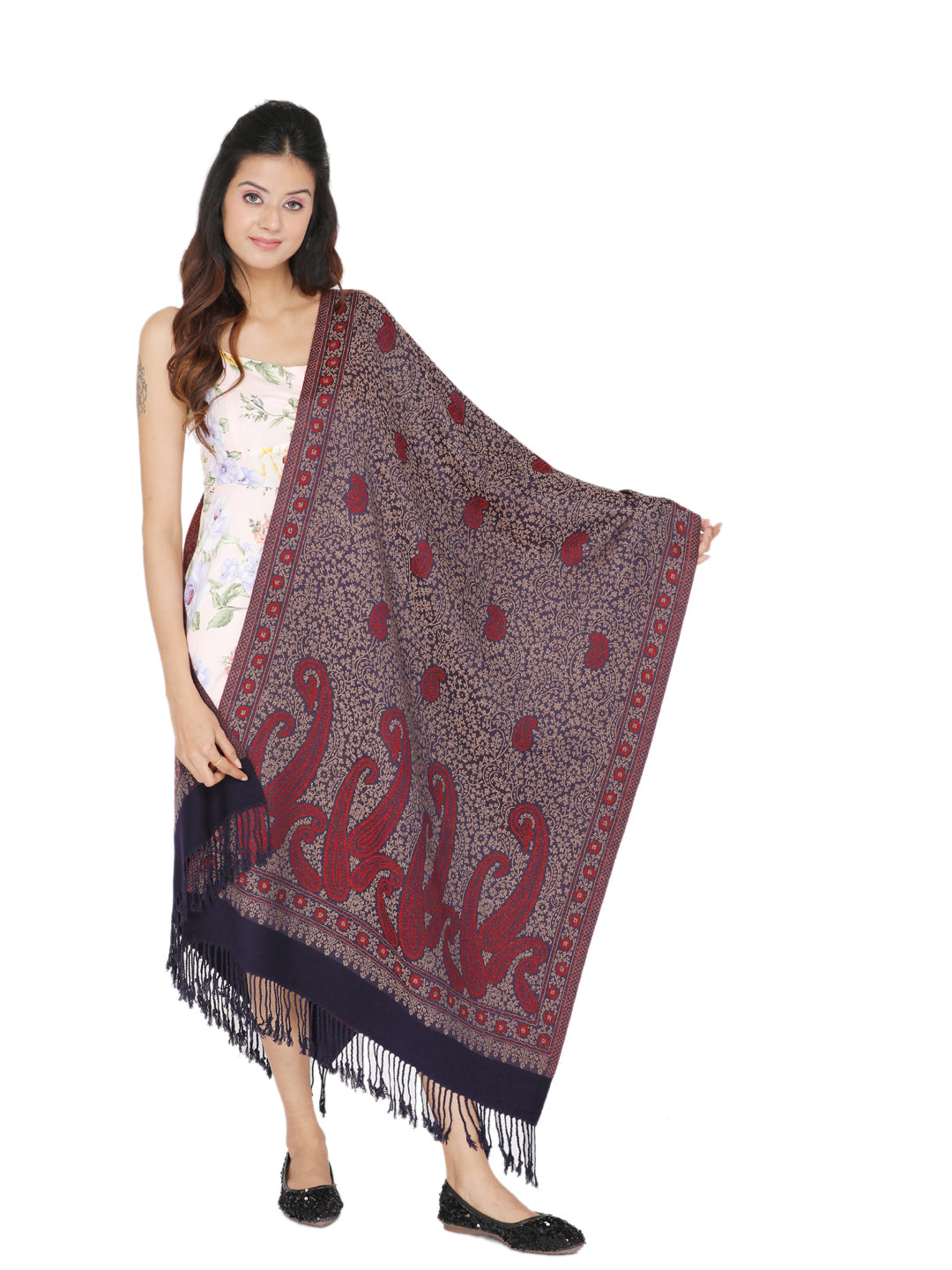 Paisley Design Woollen Stole - Navy Red