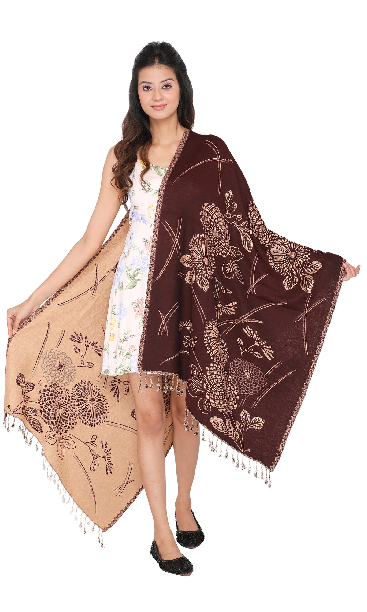 Striped Designer Woollen Reversible Stole - Brown Camel