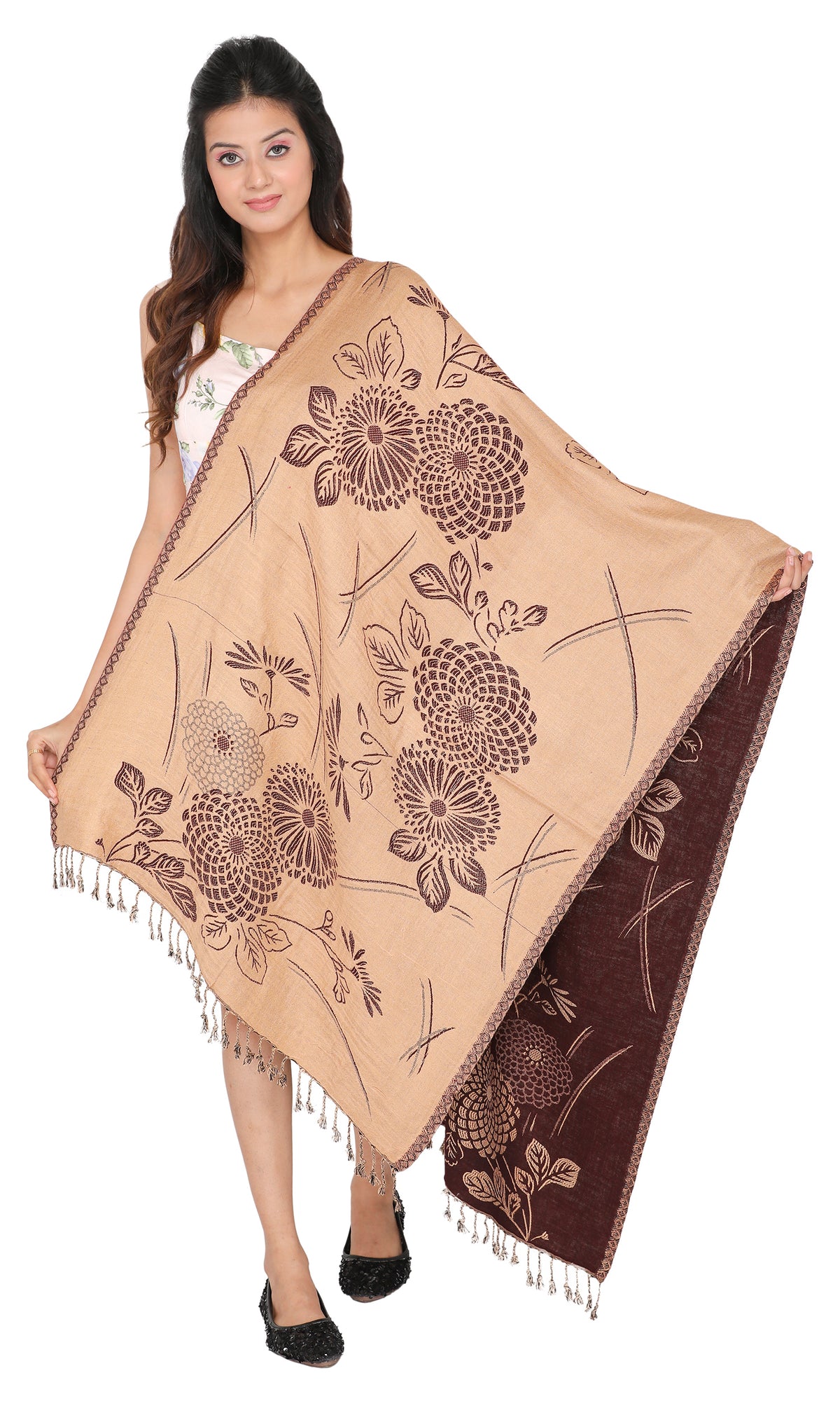 Striped Designer Woollen Reversible Stole - Brown Camel