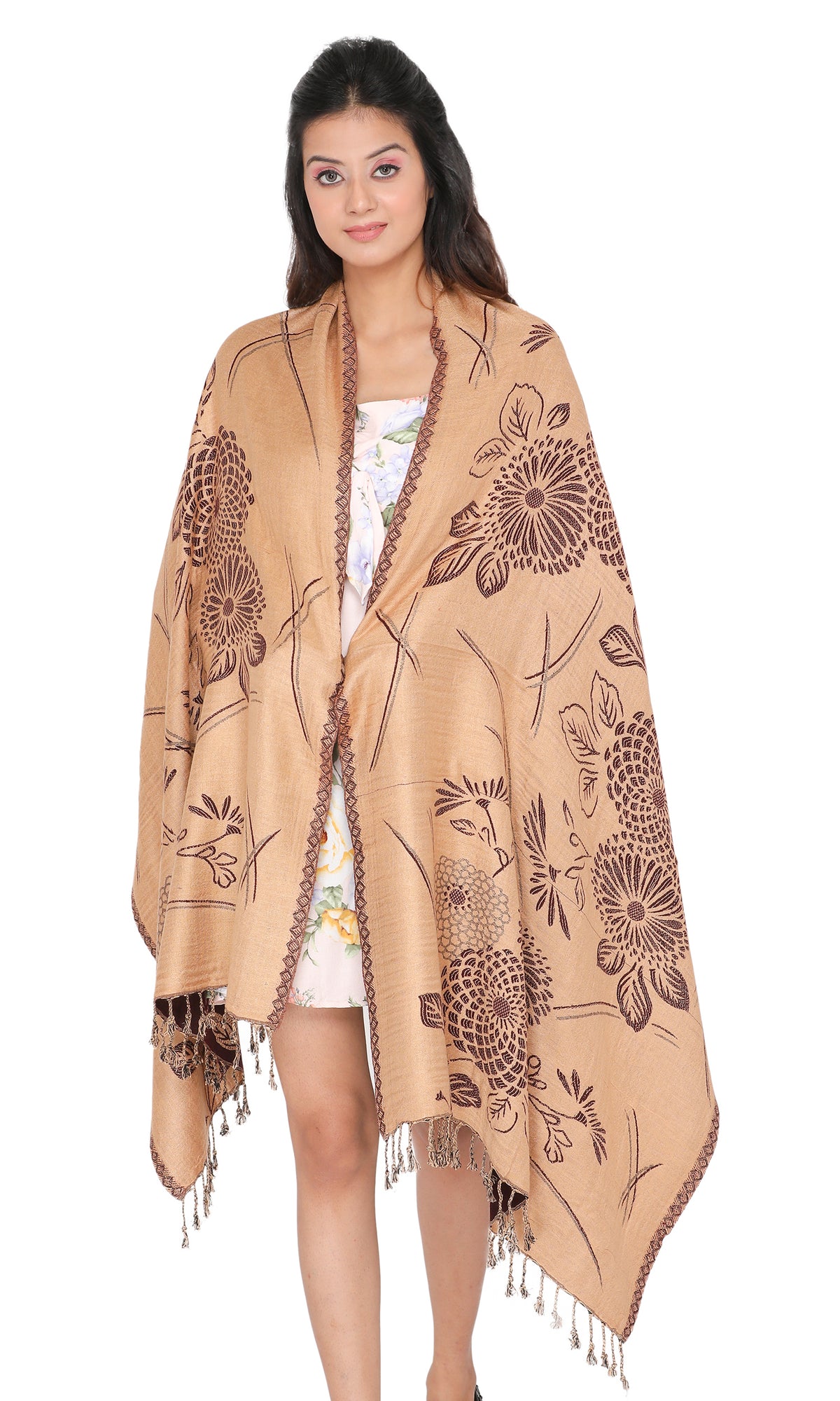 Striped Designer Woollen Reversible Stole - Brown Camel