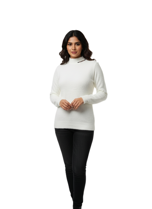 KRITI Winter Hair Wool Mock Neck Top Off White Colour For Women