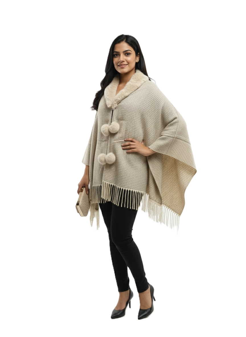 महिलाओं के लिए फॉक्स फर कॉलर पोंचो रैप - फ्रिंज के साथ ओवरसाइज़्ड ओपन फ्रंट केप