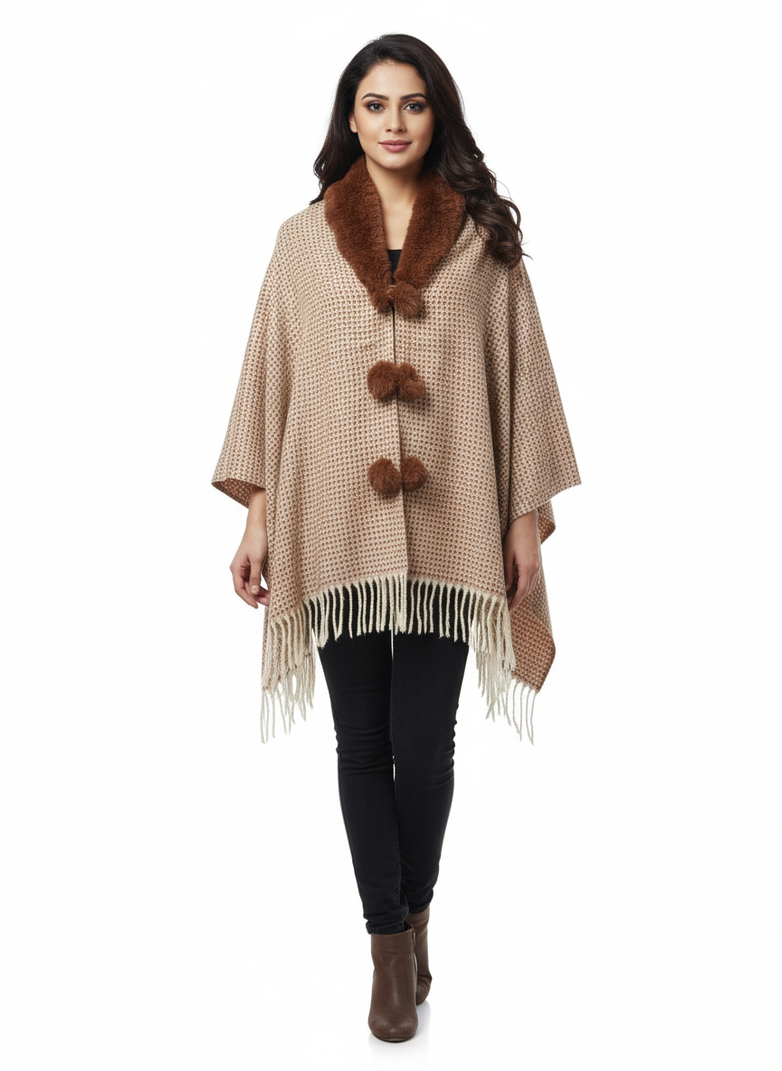 महिलाओं के लिए फॉक्स फर कॉलर पोंचो रैप - फ्रिंज के साथ ओवरसाइज़्ड ओपन फ्रंट केप