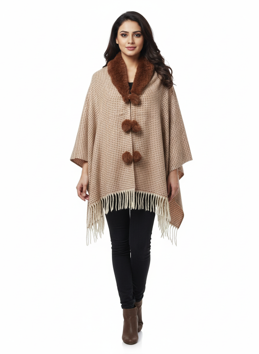 महिलाओं के लिए फॉक्स फर कॉलर पोंचो रैप - फ्रिंज के साथ ओवरसाइज़्ड ओपन फ्रंट केप