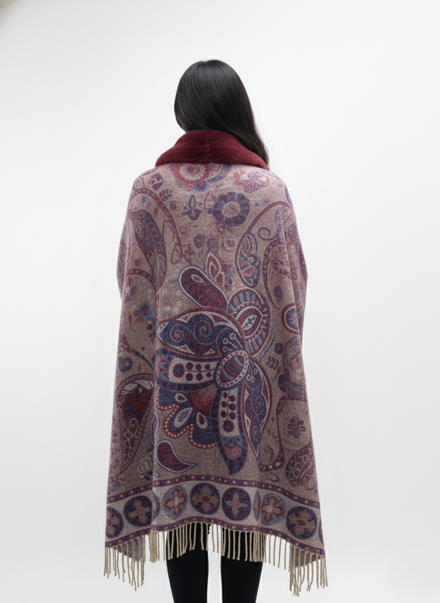 महिलाओं के लिए शानदार पैस्ले प्रिंटेड पोंचो केप, फॉक्स फर ट्रिम के साथ | गर्म बहुरंगी ऊनी मिश्रण आउटरवियर