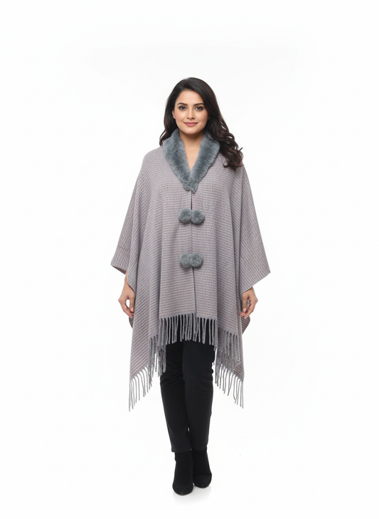 महिलाओं के लिए फॉक्स फर कॉलर पोंचो रैप - फ्रिंज के साथ ओवरसाइज़्ड ओपन फ्रंट केप
