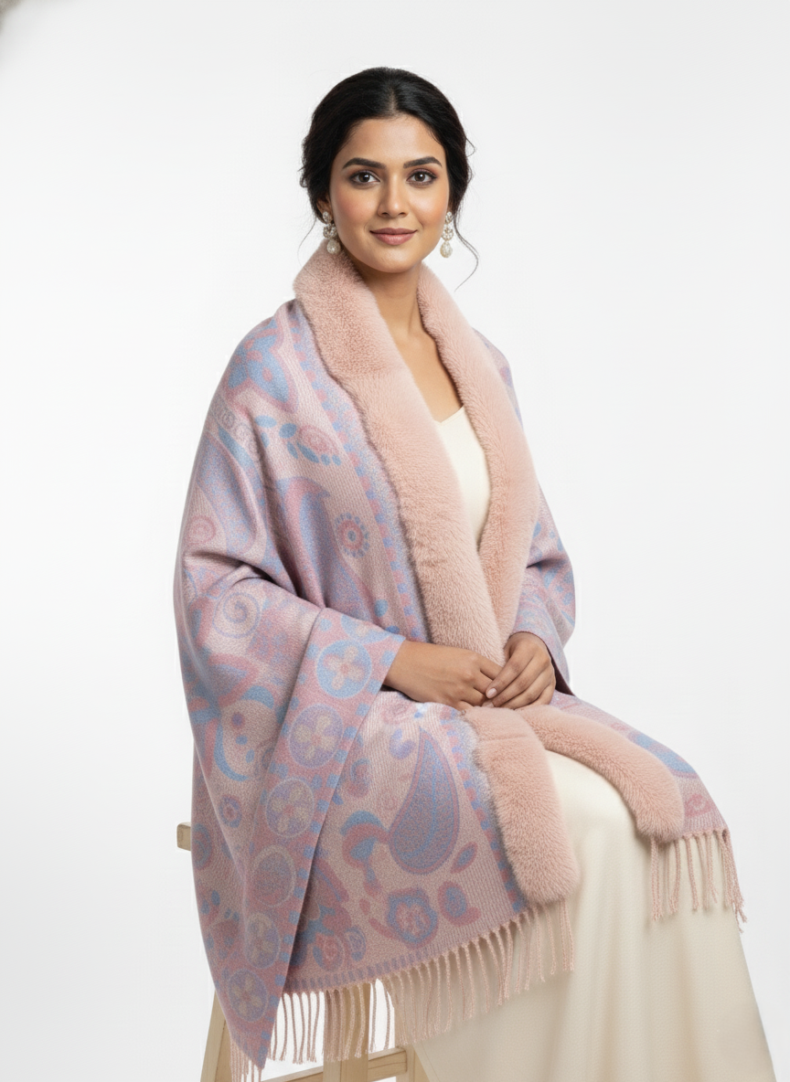 महिलाओं के लिए शानदार पैस्ले प्रिंटेड पोंचो केप, फॉक्स फर ट्रिम के साथ | गर्म बहुरंगी ऊनी मिश्रण आउटरवियर