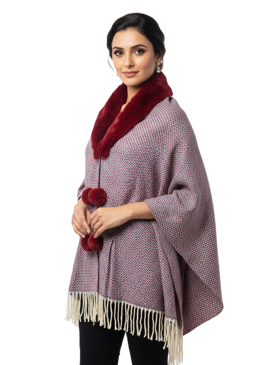 महिलाओं के लिए फॉक्स फर कॉलर पोंचो रैप - फ्रिंज के साथ ओवरसाइज़्ड ओपन फ्रंट केप