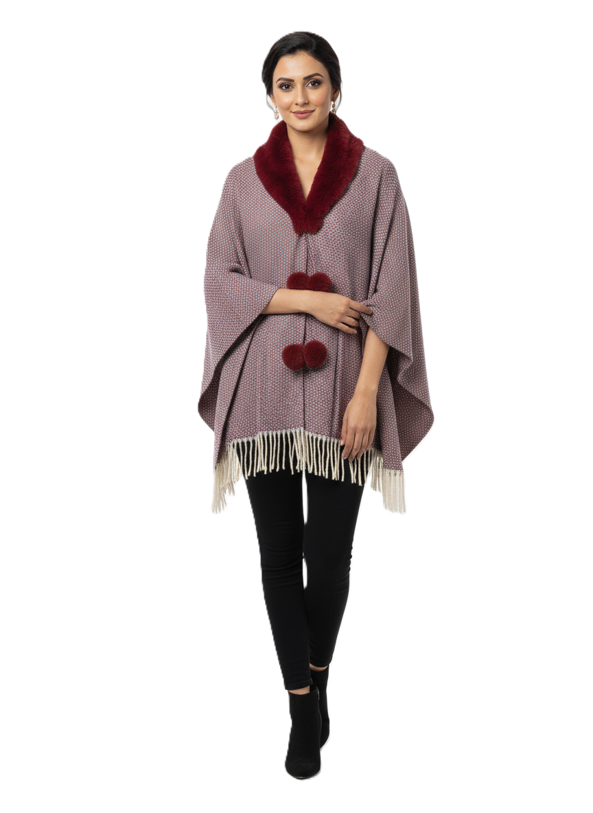 महिलाओं के लिए फॉक्स फर कॉलर पोंचो रैप - फ्रिंज के साथ ओवरसाइज़्ड ओपन फ्रंट केप