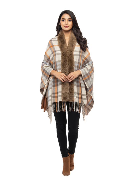 महिलाओं के लिए शानदार चेक पोंचो केप, कृत्रिम फर कॉलर के साथ | सर्दियों के लिए गर्म ऊनी मिश्रण रैप