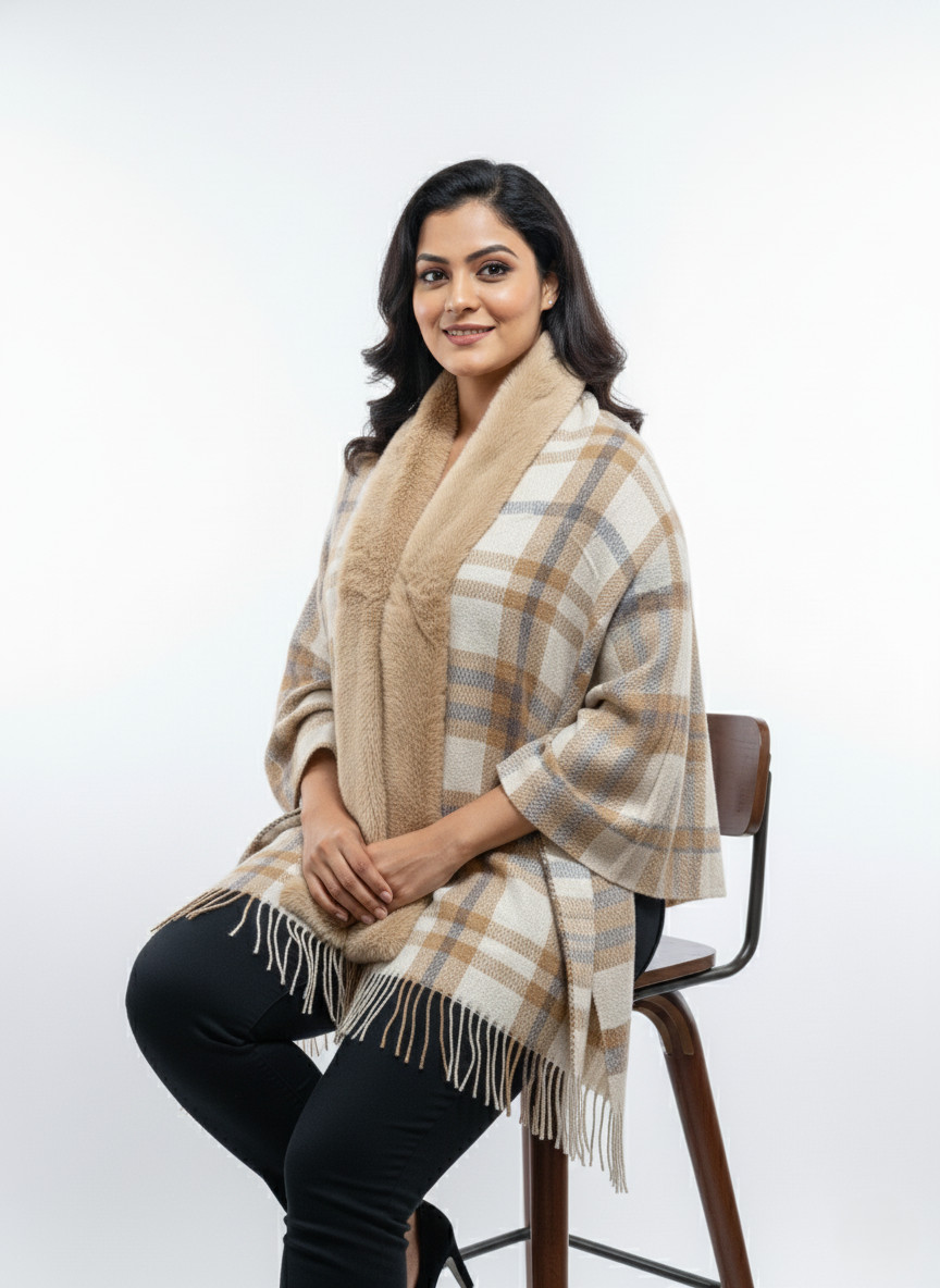 महिलाओं के लिए शानदार चेक पोंचो केप, कृत्रिम फर कॉलर के साथ | सर्दियों के लिए गर्म ऊनी मिश्रण रैप