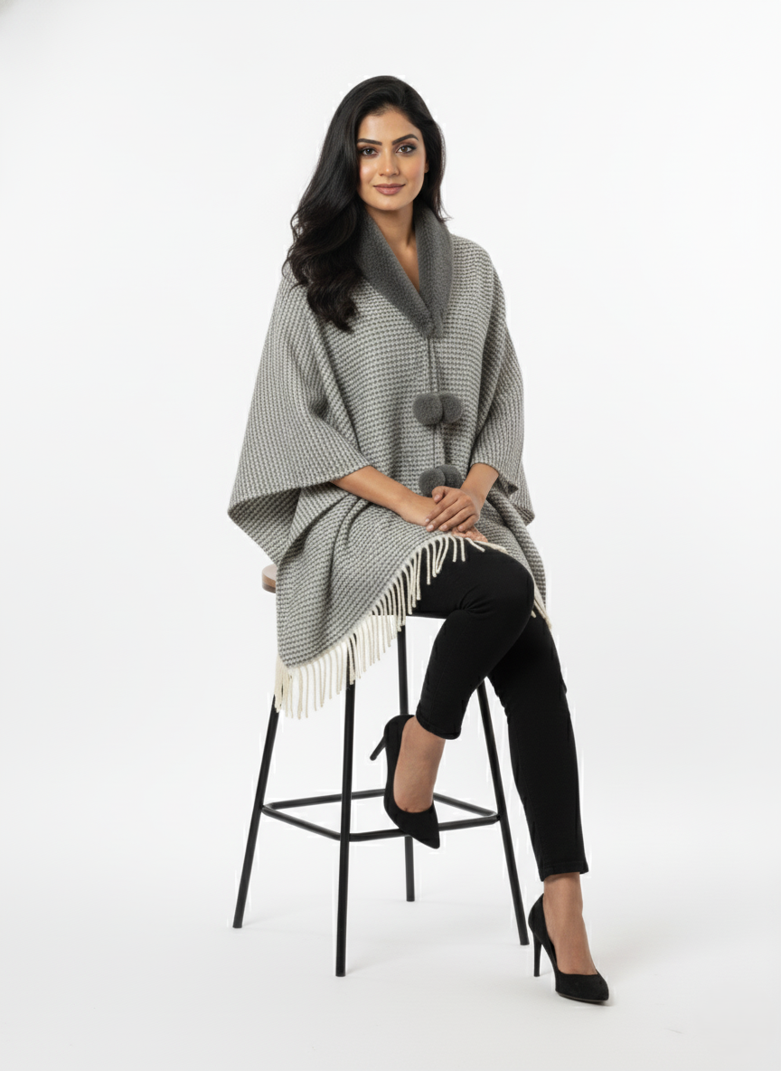 महिलाओं के लिए फॉक्स फर कॉलर पोंचो रैप - फ्रिंज के साथ ओवरसाइज़्ड ओपन फ्रंट केप