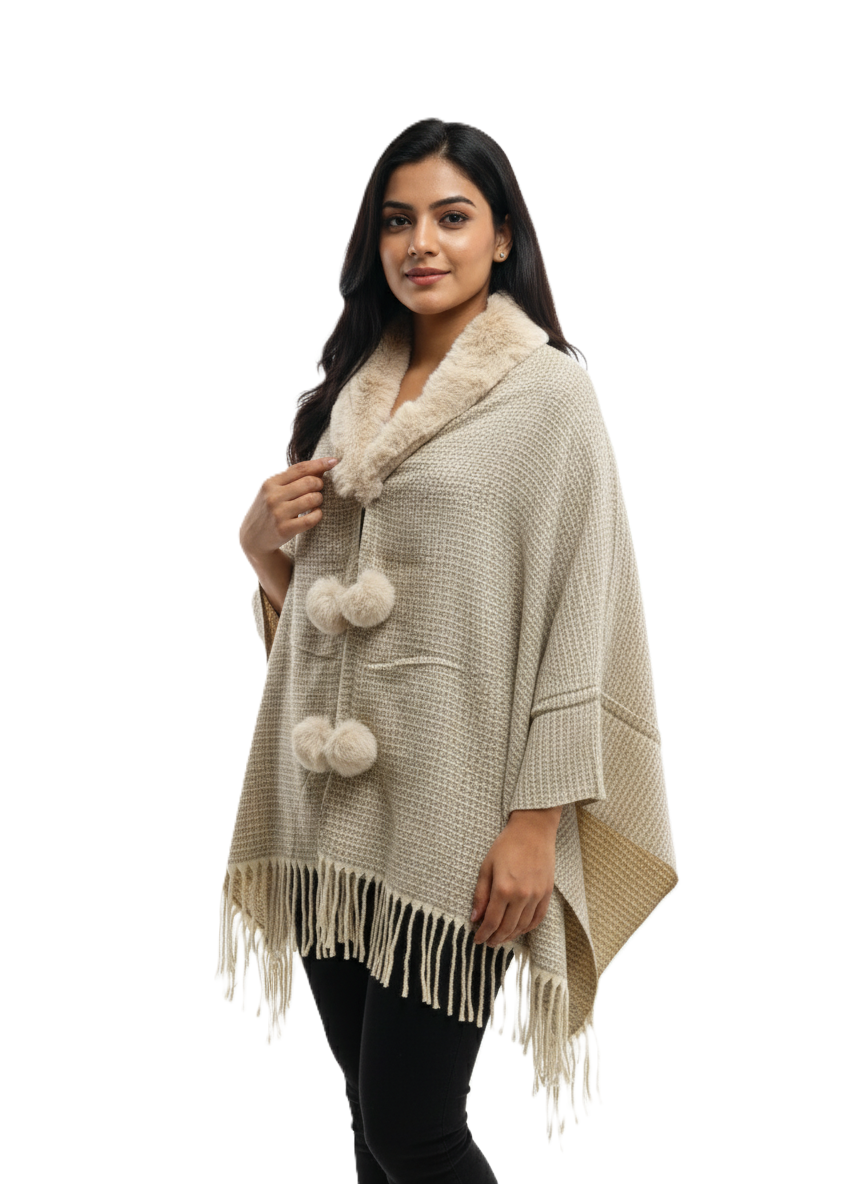 महिलाओं के लिए फॉक्स फर कॉलर पोंचो रैप - फ्रिंज के साथ ओवरसाइज़्ड ओपन फ्रंट केप