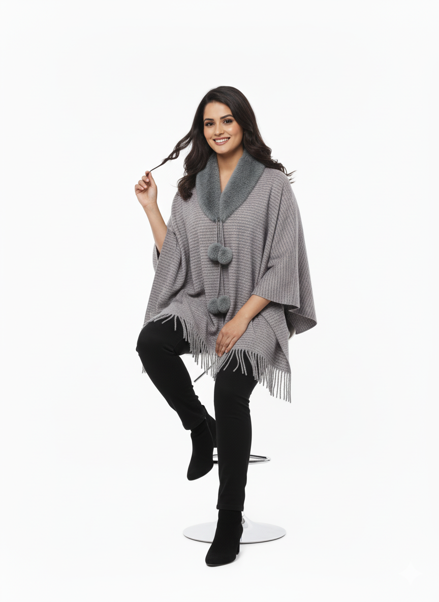 महिलाओं के लिए फॉक्स फर कॉलर पोंचो रैप - फ्रिंज के साथ ओवरसाइज़्ड ओपन फ्रंट केप