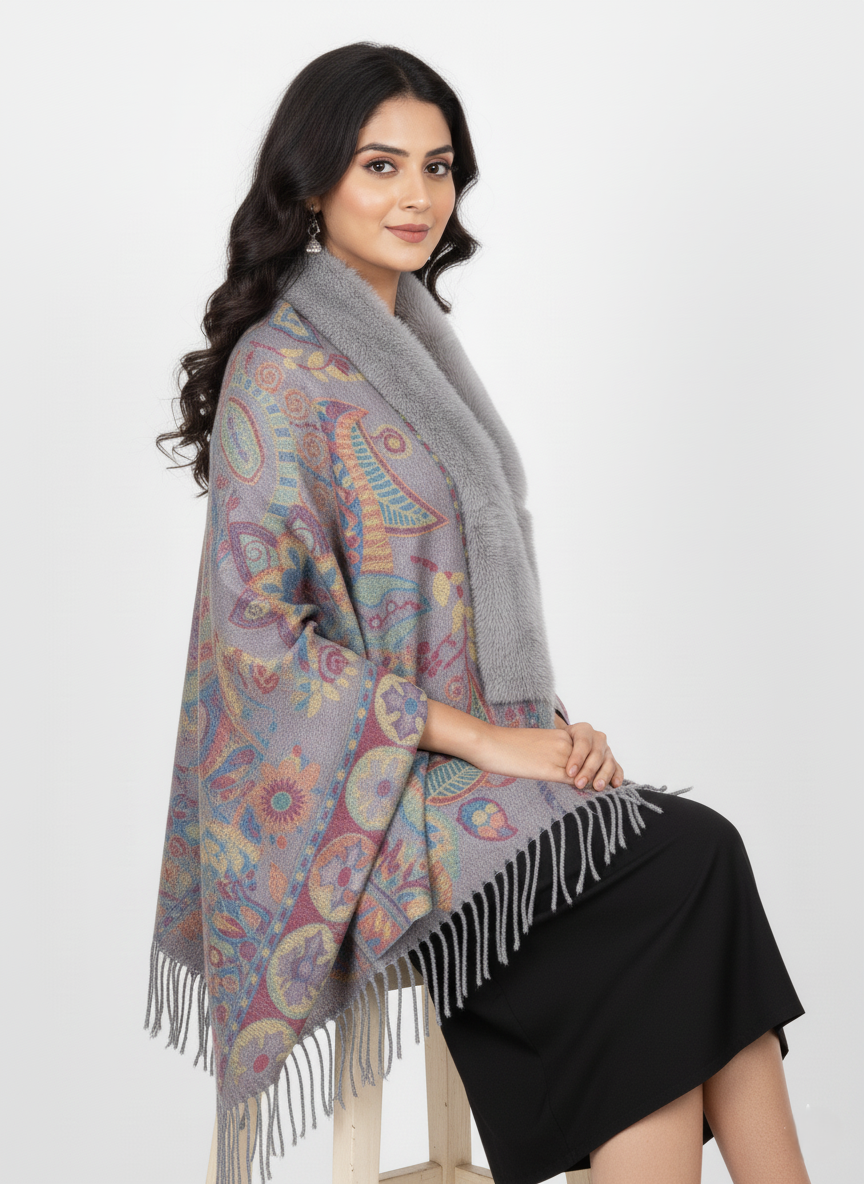 महिलाओं के लिए शानदार पैस्ले प्रिंटेड पोंचो केप, फॉक्स फर ट्रिम के साथ | गर्म बहुरंगी ऊनी मिश्रण आउटरवियर