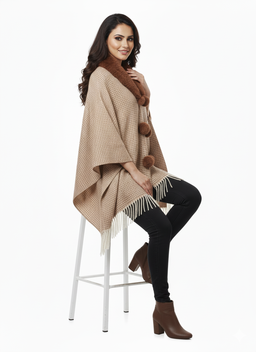 महिलाओं के लिए फॉक्स फर कॉलर पोंचो रैप - फ्रिंज के साथ ओवरसाइज़्ड ओपन फ्रंट केप