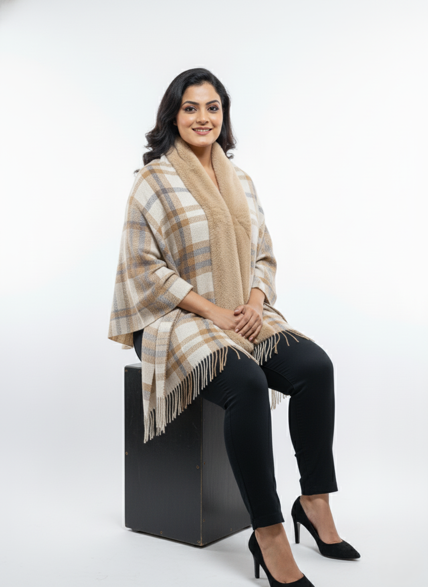 महिलाओं के लिए शानदार चेक पोंचो केप, कृत्रिम फर कॉलर के साथ | सर्दियों के लिए गर्म ऊनी मिश्रण रैप