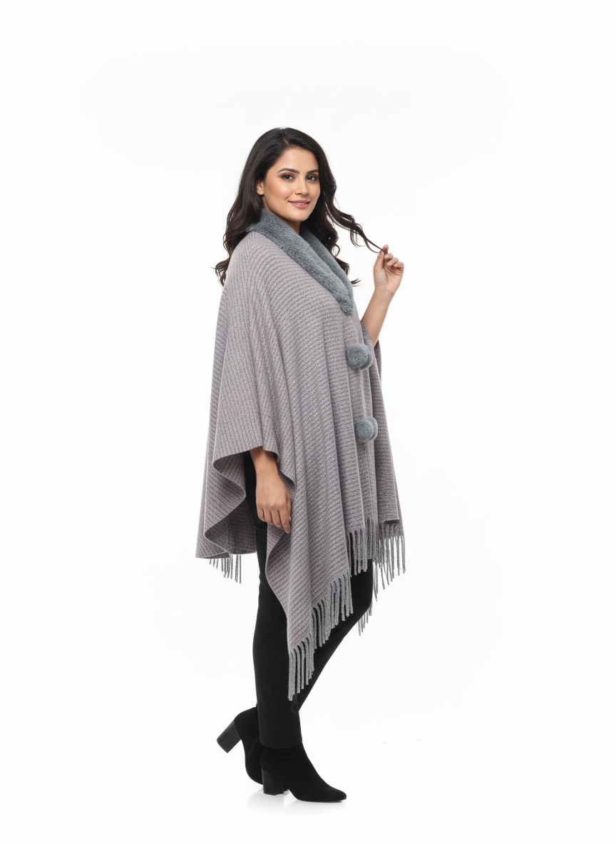 महिलाओं के लिए फॉक्स फर कॉलर पोंचो रैप - फ्रिंज के साथ ओवरसाइज़्ड ओपन फ्रंट केप