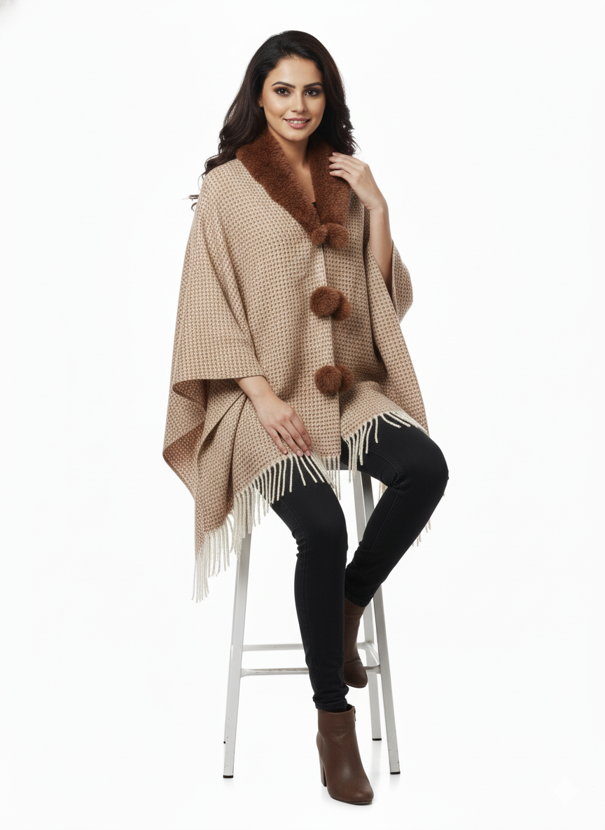महिलाओं के लिए फॉक्स फर कॉलर पोंचो रैप - फ्रिंज के साथ ओवरसाइज़्ड ओपन फ्रंट केप