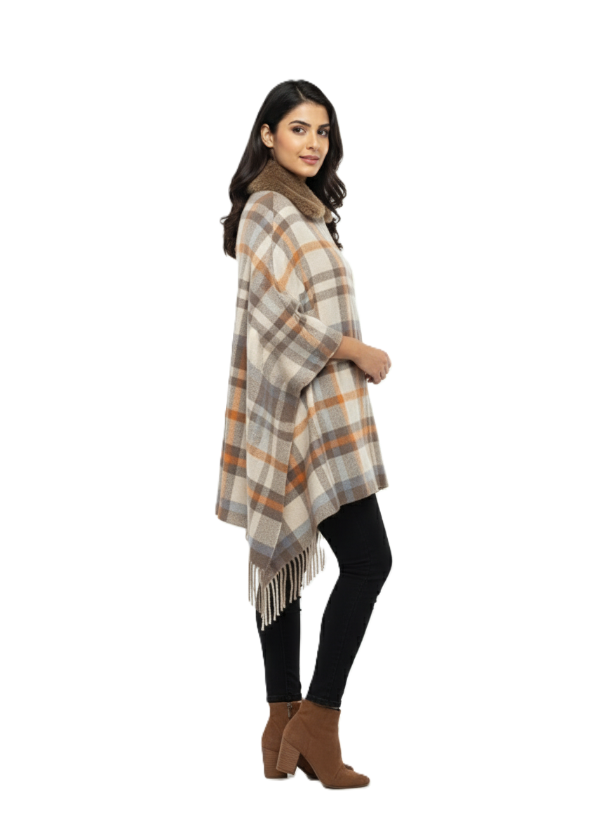 महिलाओं के लिए शानदार चेक पोंचो केप, कृत्रिम फर कॉलर के साथ | सर्दियों के लिए गर्म ऊनी मिश्रण रैप