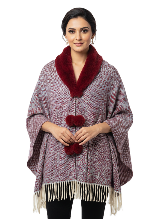 महिलाओं के लिए फॉक्स फर कॉलर पोंचो रैप - फ्रिंज के साथ ओवरसाइज़्ड ओपन फ्रंट केप