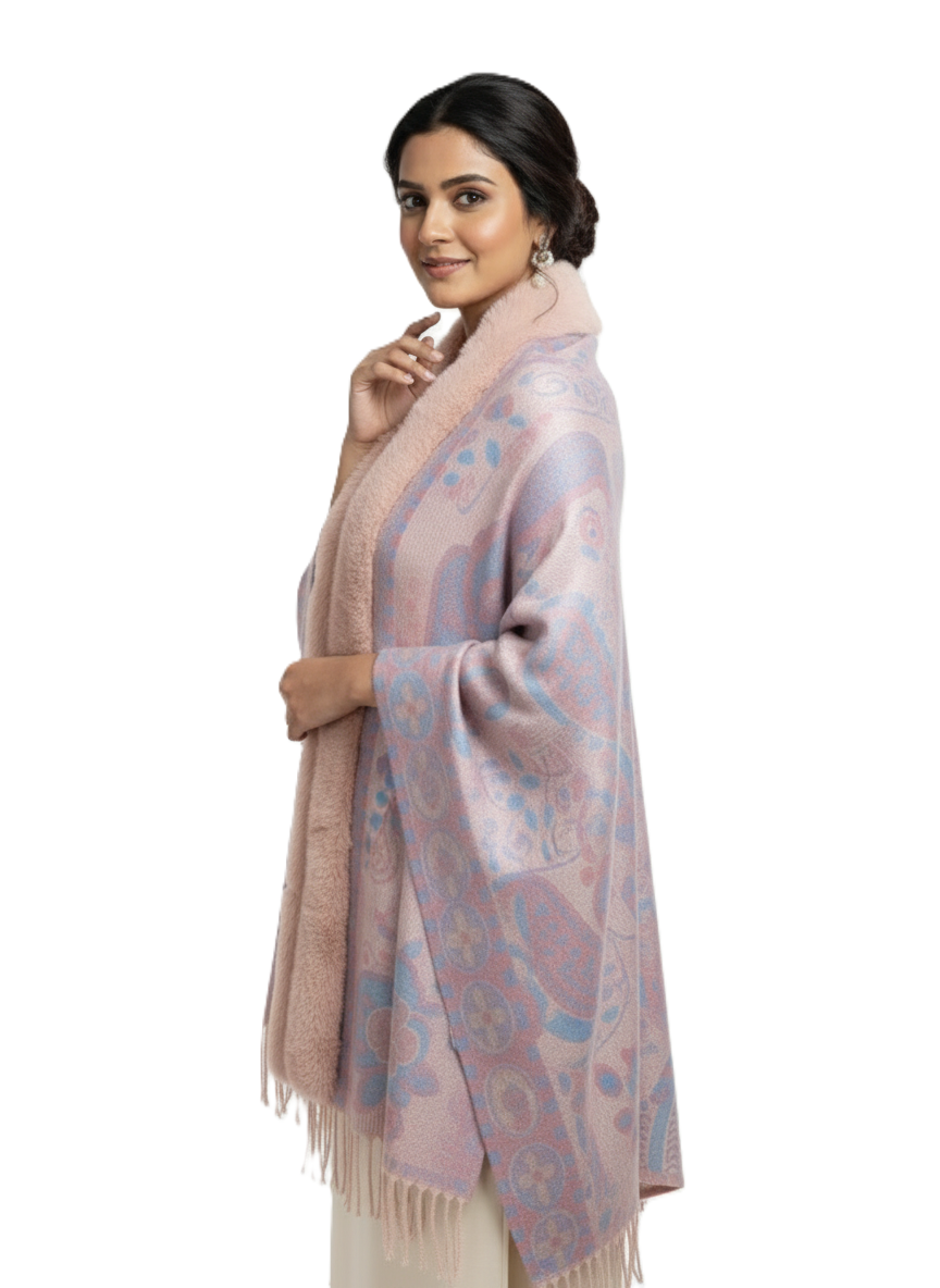 महिलाओं के लिए शानदार पैस्ले प्रिंटेड पोंचो केप, फॉक्स फर ट्रिम के साथ | गर्म बहुरंगी ऊनी मिश्रण आउटरवियर