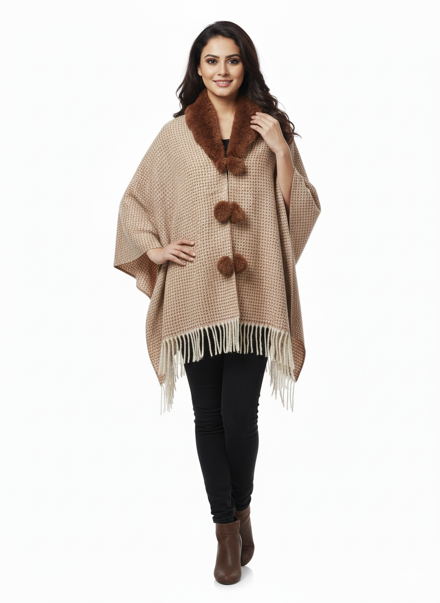 महिलाओं के लिए फॉक्स फर कॉलर पोंचो रैप - फ्रिंज के साथ ओवरसाइज़्ड ओपन फ्रंट केप