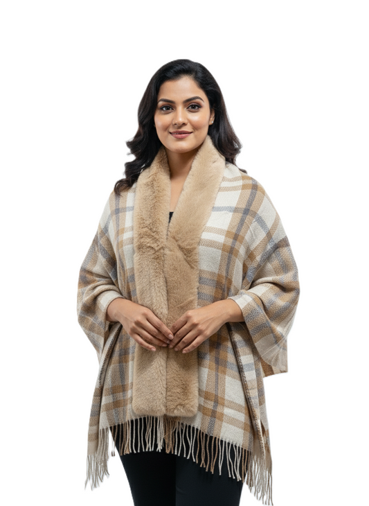 महिलाओं के लिए शानदार चेक पोंचो केप, कृत्रिम फर कॉलर के साथ | सर्दियों के लिए गर्म ऊनी मिश्रण रैप