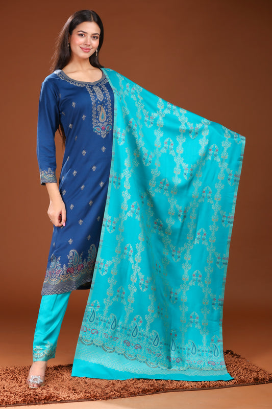 KRITI Woolen Unstitched Winter Suit Set Weaving Design Blue Color For Women