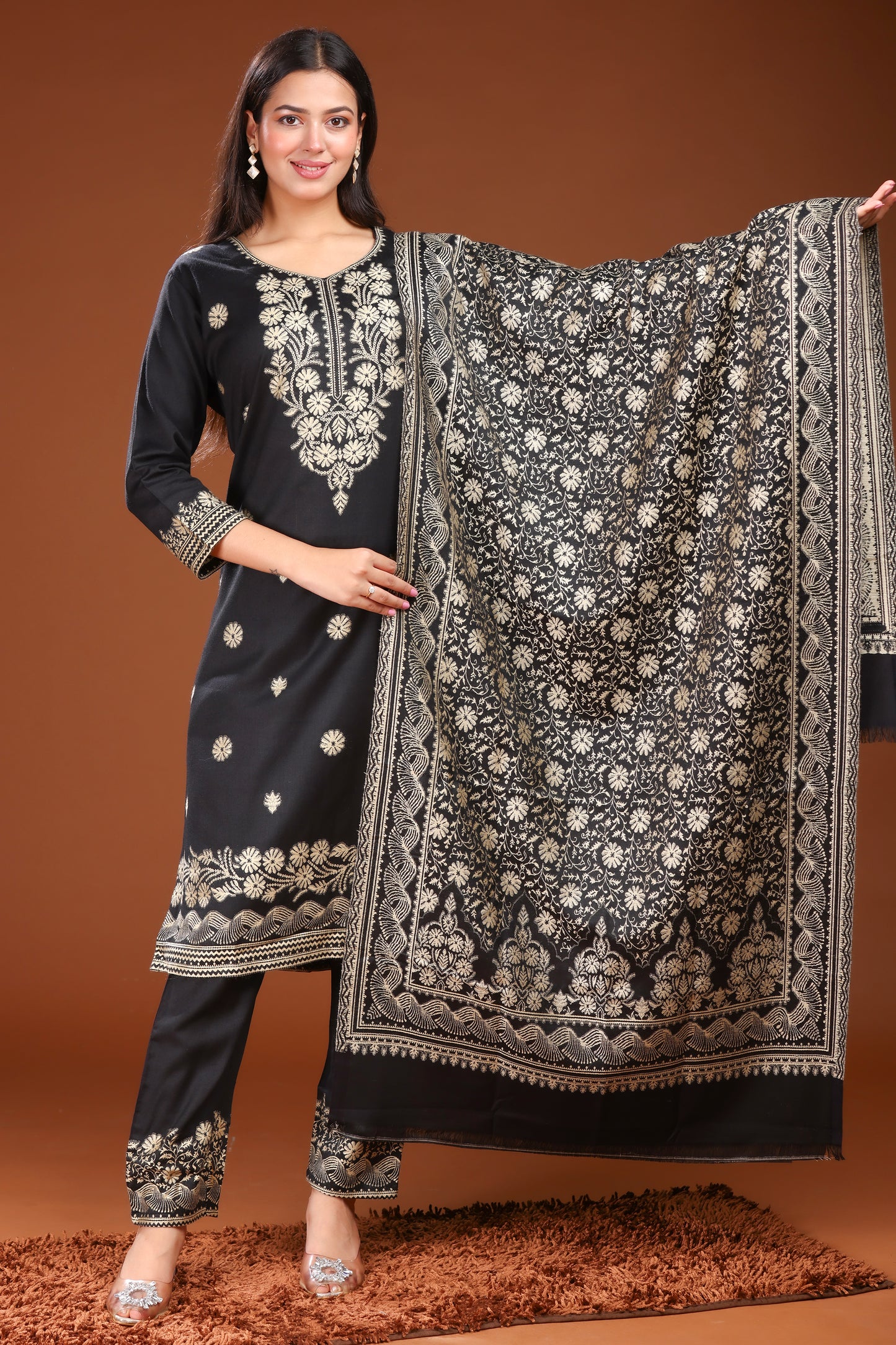 KRITI Woolen Unstitched Suit Set Weaving Design Black Color For Women