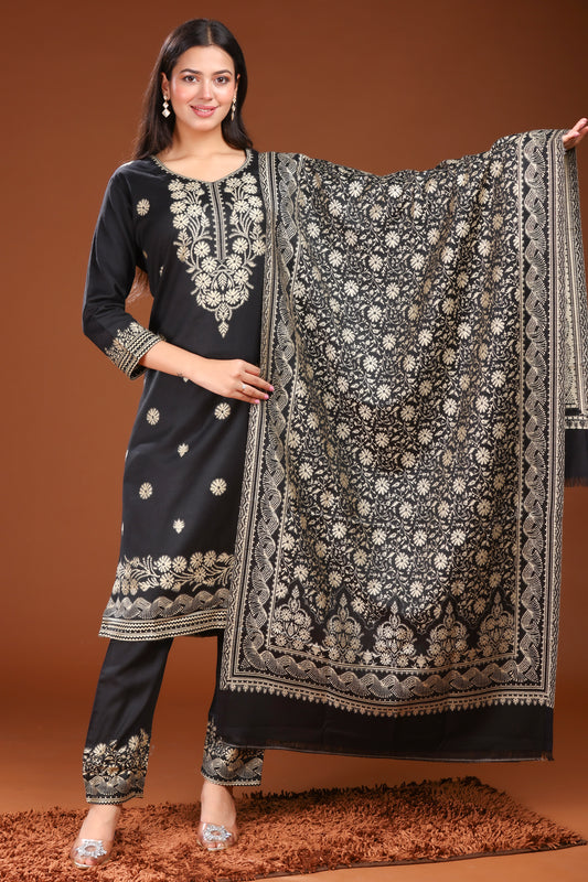 KRITI Woolen Unstitched Suit Set Weaving Design Black Color For Women