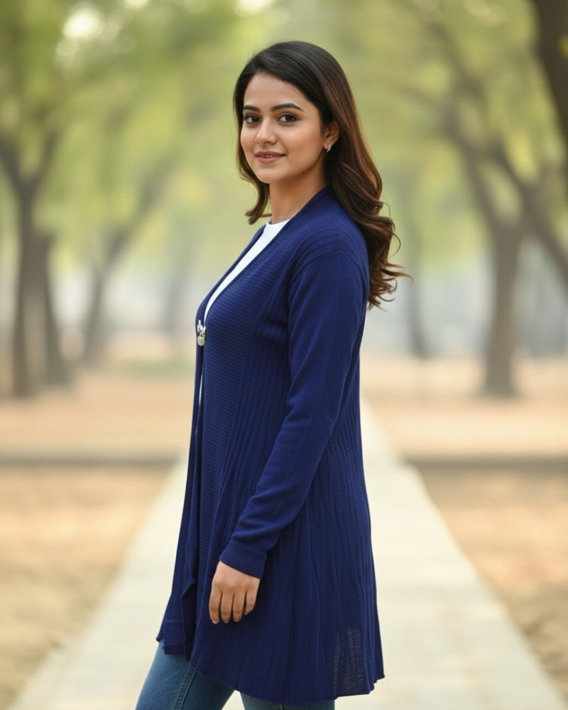 KRITI Women’s Long Shrug – Premium Wool Blend | Lightweight Winter Layer | Stylish Royal Blue Color Open-Front Shrug for Everyday Wear