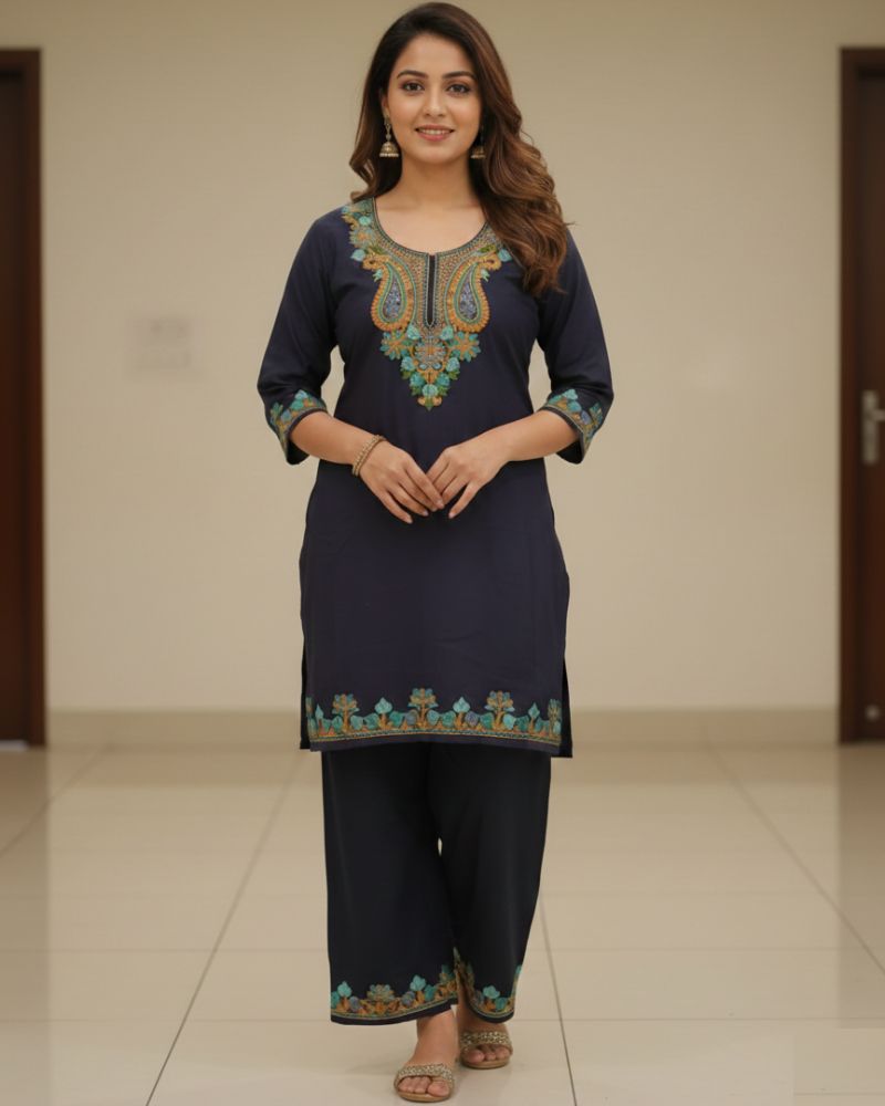 Black Kashmiri Embroidered Cotton Co-Ord Set