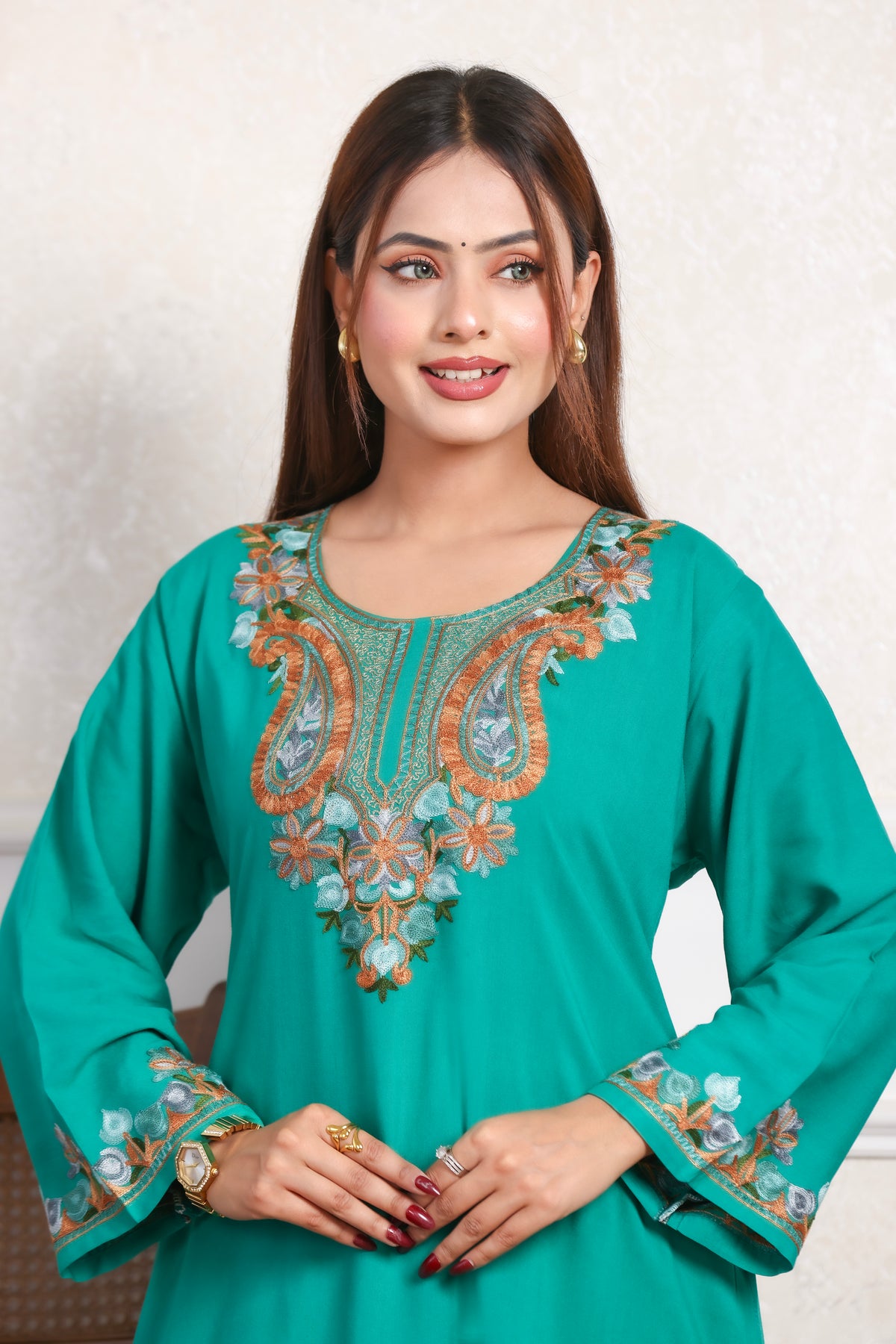 Green Kashmiri Embroidered Rayon Cotton Co-Ord Set