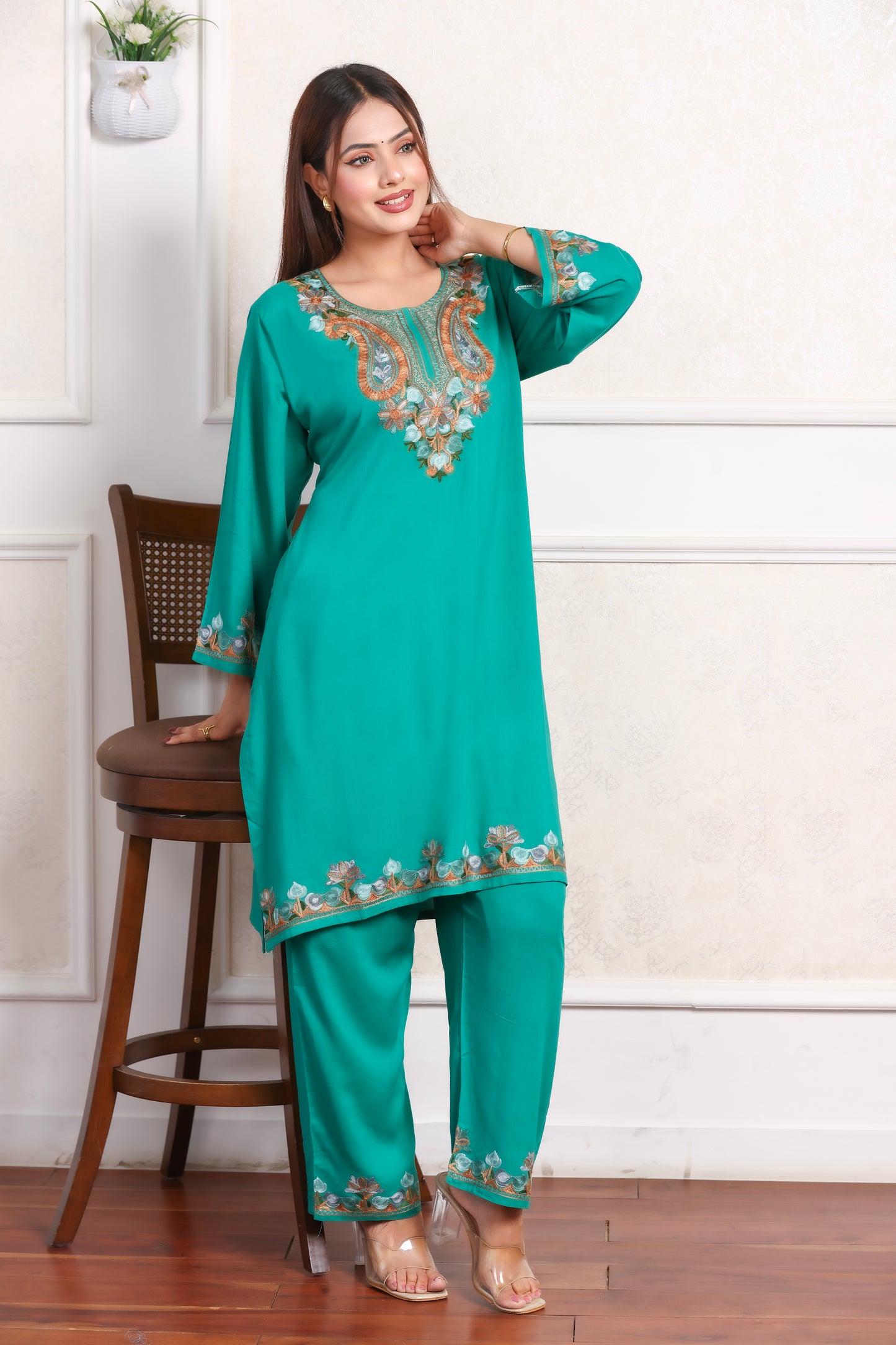 Green Kashmiri Embroidered Rayon Cotton Co-Ord Set