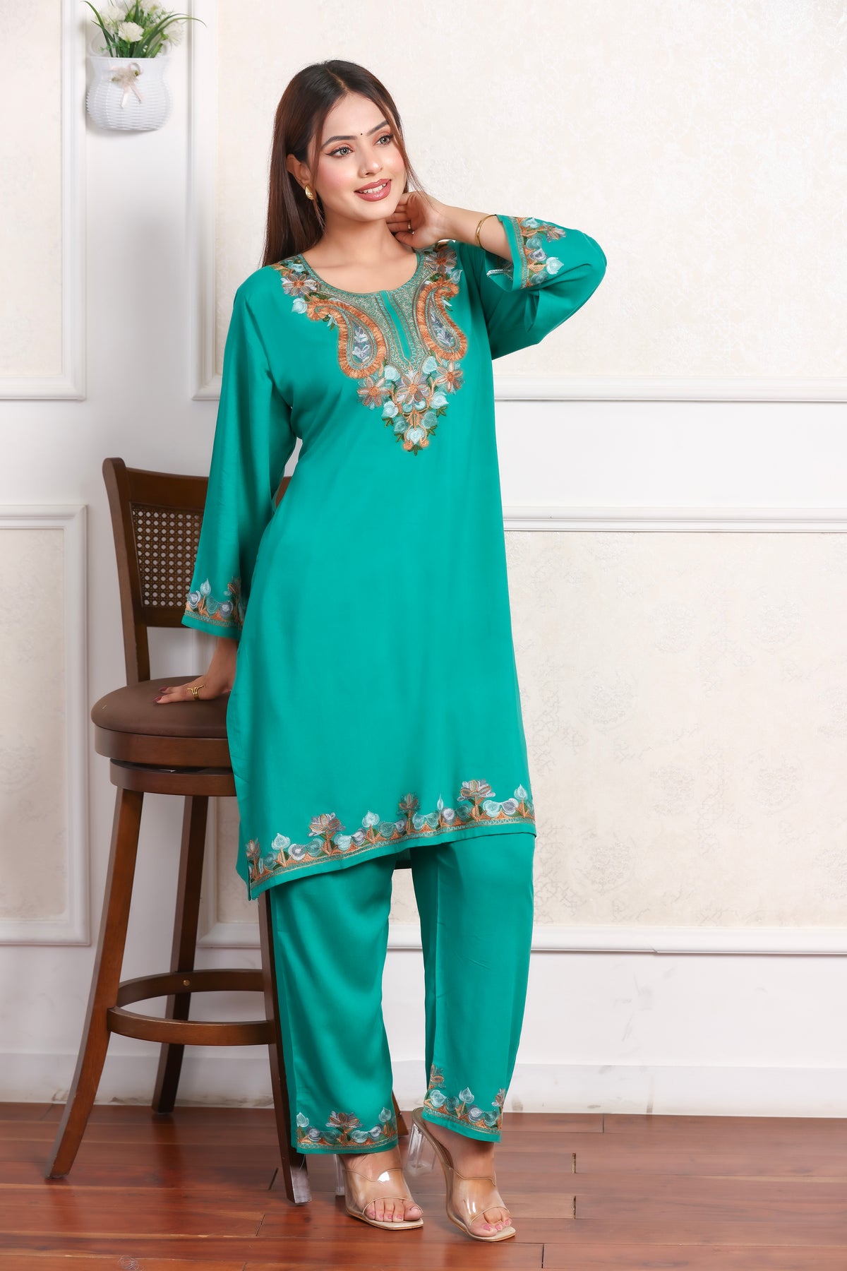 Green Kashmiri Embroidered Rayon Cotton Co-Ord Set
