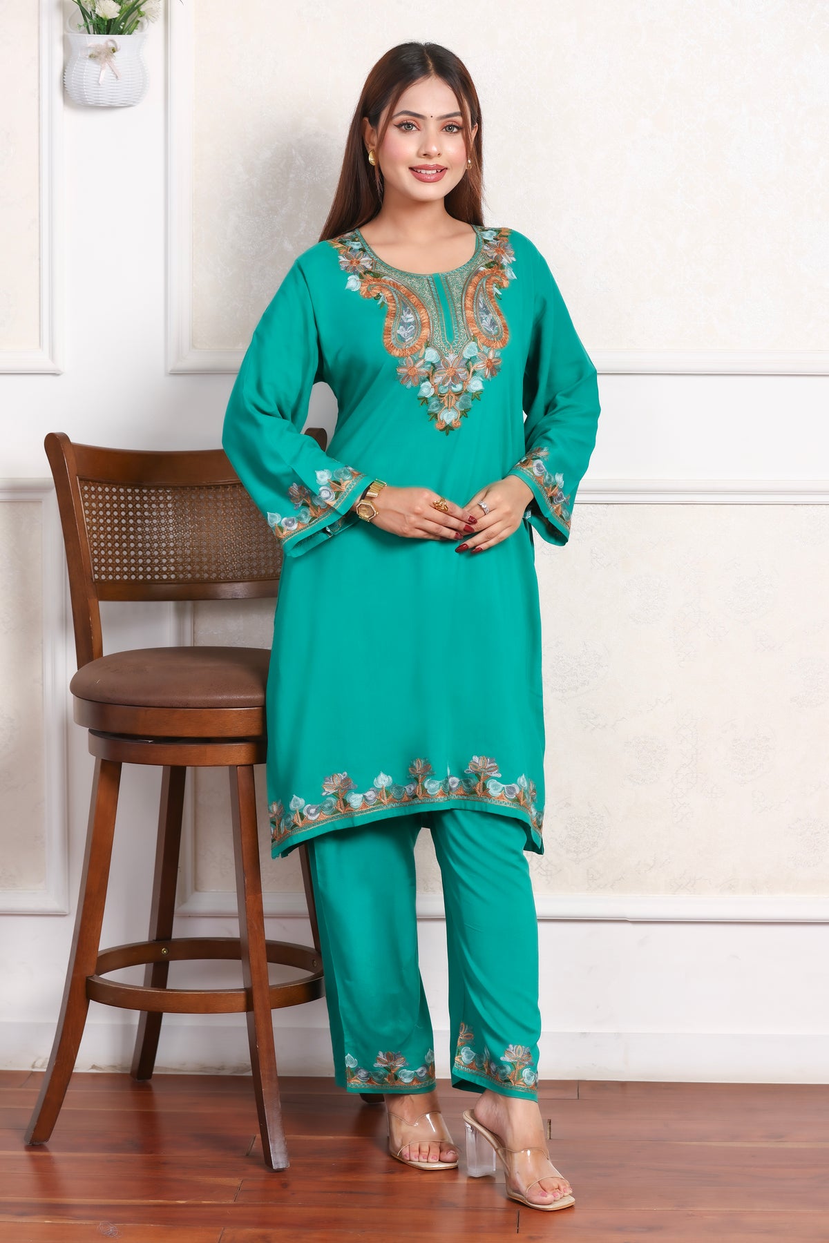 Green Kashmiri Embroidered Rayon Cotton Co-Ord Set