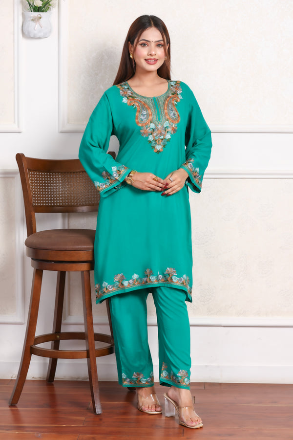 Green Kashmiri Embroidered Rayon Cotton Co-Ord Set