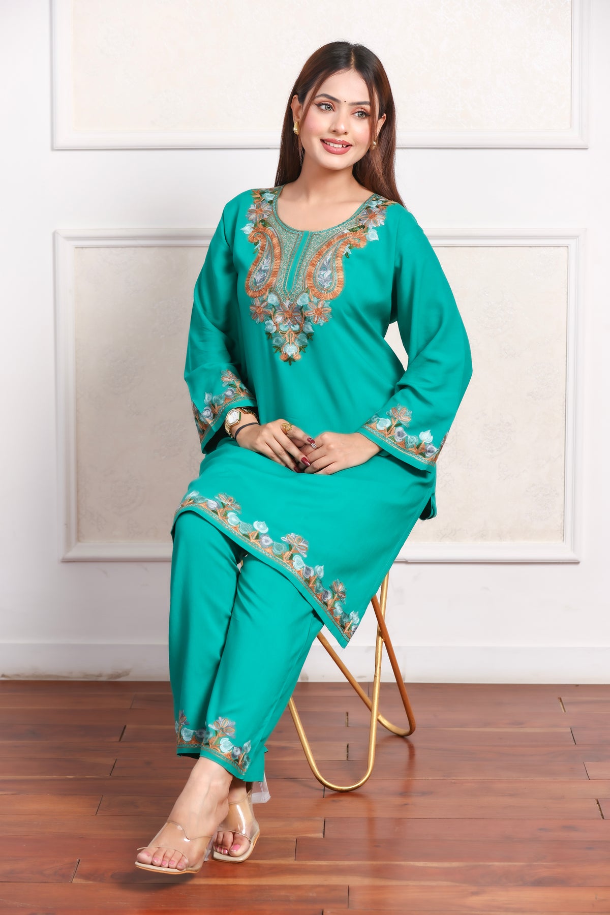 Green Kashmiri Embroidered Rayon Cotton Co-Ord Set