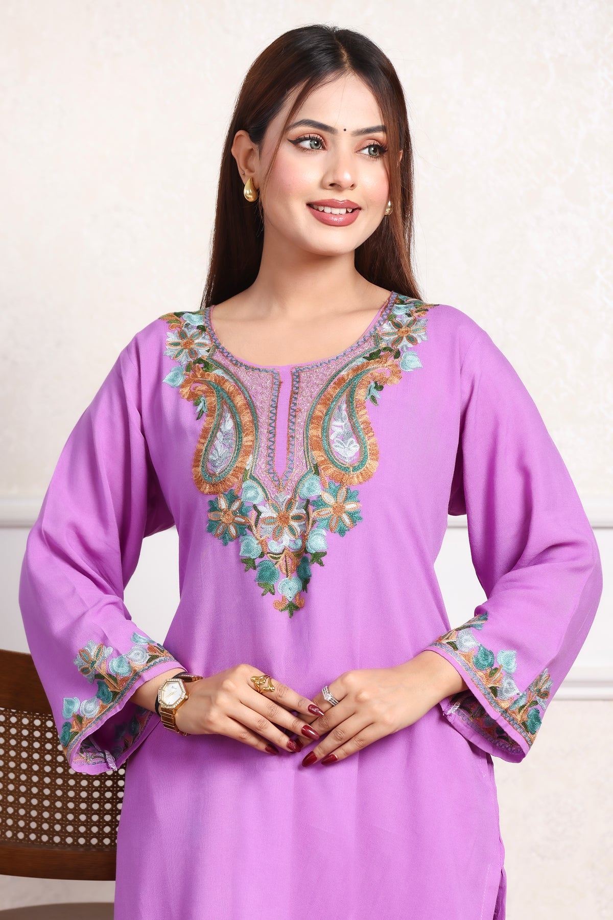 Lavender Kashmiri Embroidered Rayon Cotton Co-Ord Set
