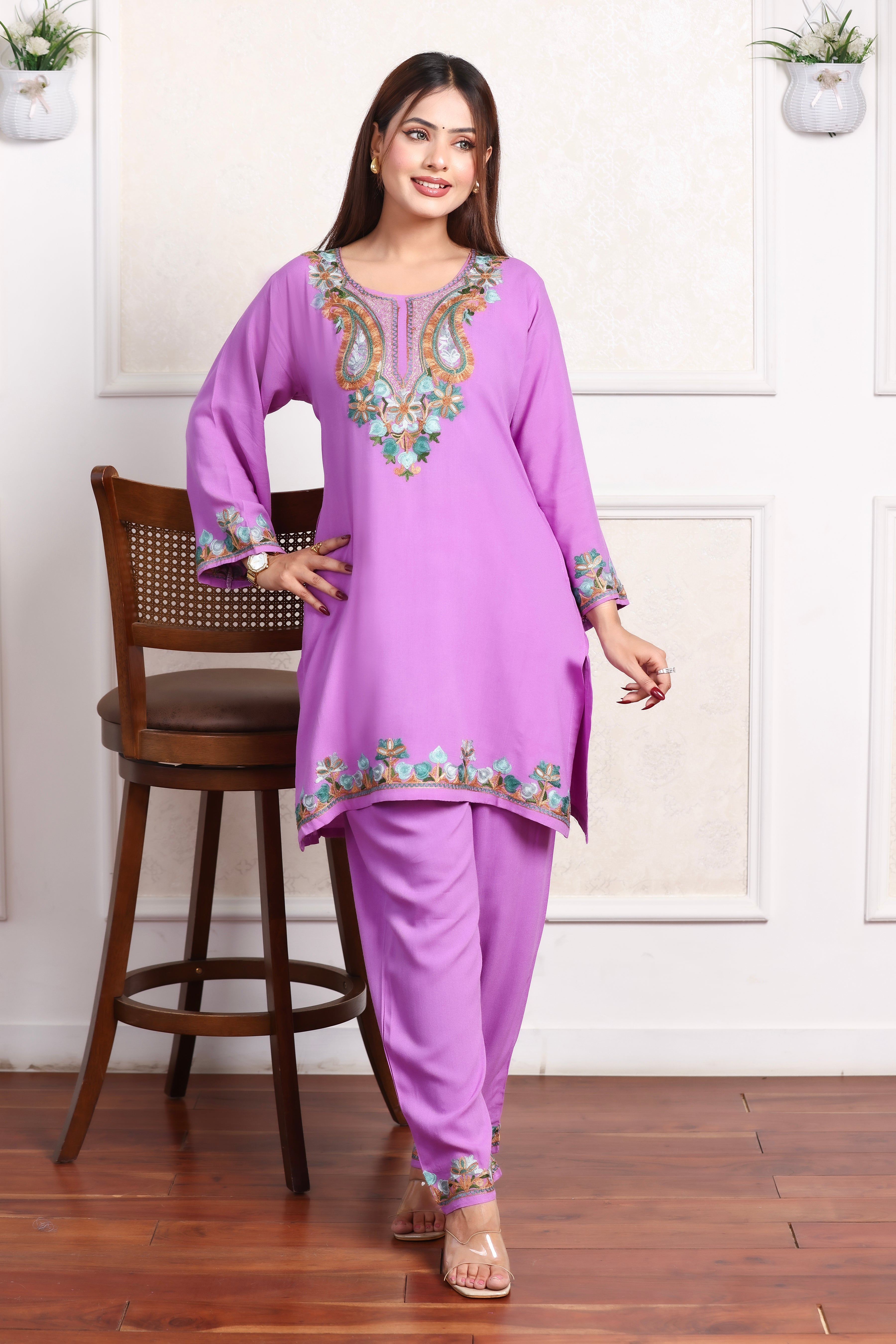 Lavender Kashmiri Embroidered Rayon Cotton Co-Ord Set